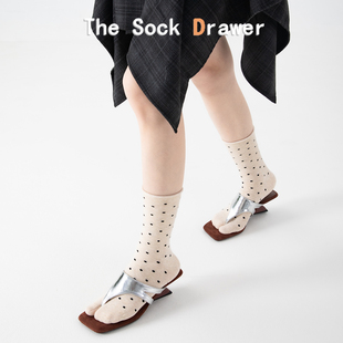 分趾袜子女春夏中筒袜二趾袜堆堆袜子miu系卡其色波点袜子猪蹄袜