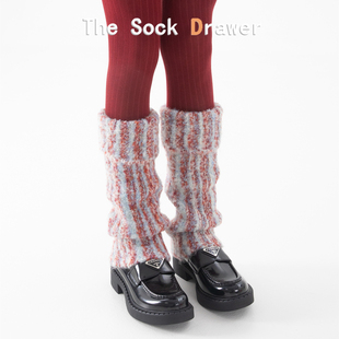 翻边加绒加厚保暖腿套女秋冬韩版 袜 渐变条纹颗粒绒红色袜套配连裤