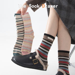 韩版 保暖彩色条纹中筒袜加厚布标堆堆袜 羊毛点子纱袜子女秋冬季