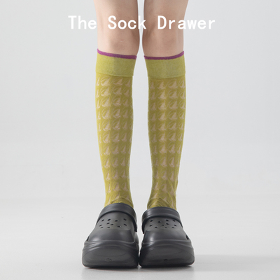 袜子女春秋新款镂空小腿袜多巴胺绿色长筒袜子学院风堆堆袜纯棉