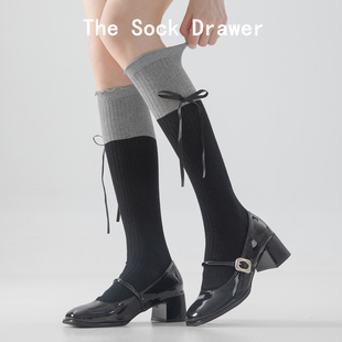 日系花边小腿袜子女立体系带蝴蝶结长筒袜子纯棉拼色高筒堆堆袜