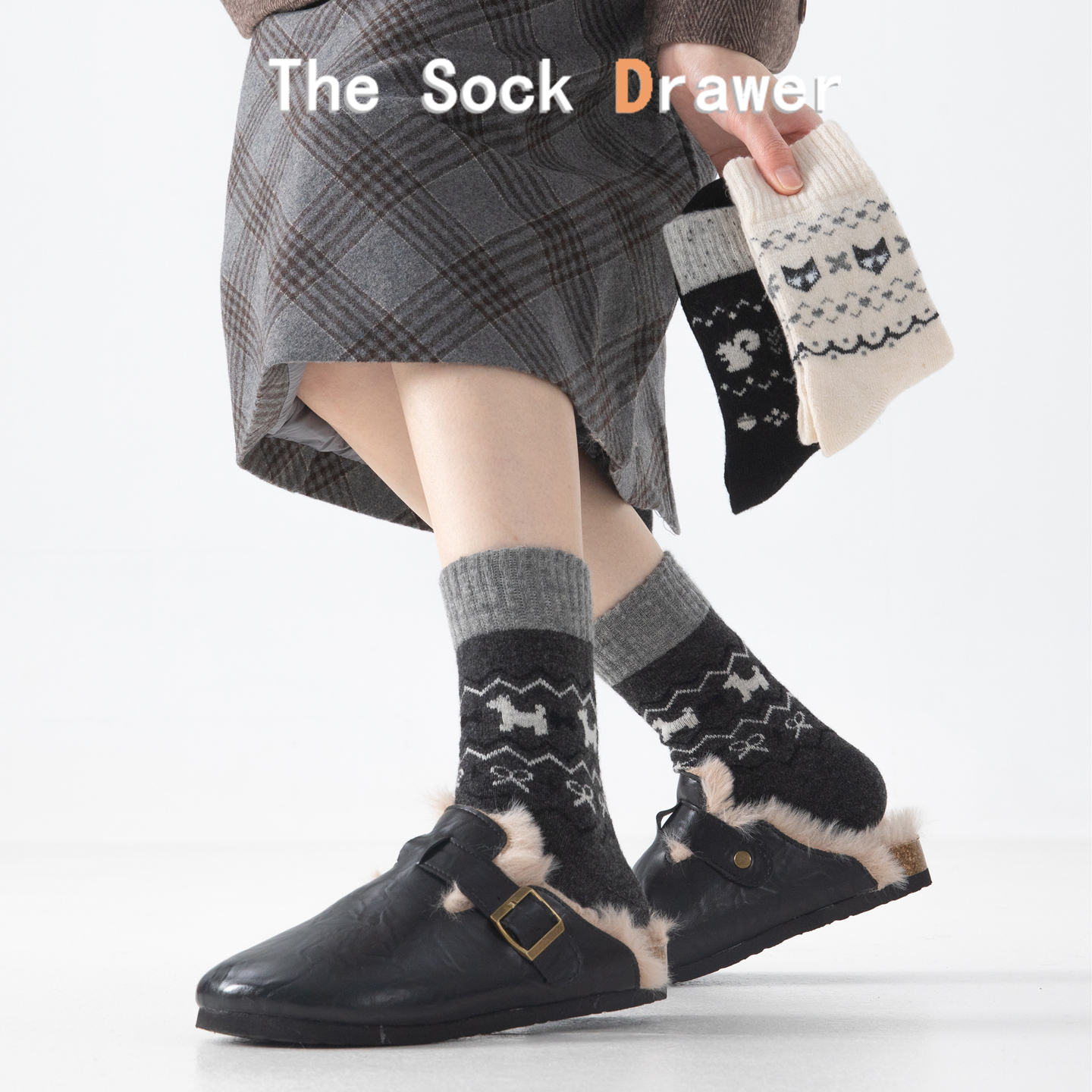 韩版日系撞色羊毛袜子女秋冬天加厚保暖卡通狐狸中筒袜费尔岛风