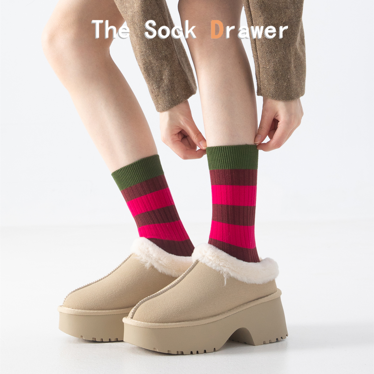 双针双路条纹袜子女韩版拼色刺绣堆堆袜松口不勒脚中筒袜配雪地靴