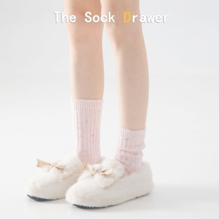 袜子女款 秋冬点子纱粉色中筒袜美利奴羊毛长袜学院风冬天堆堆袜