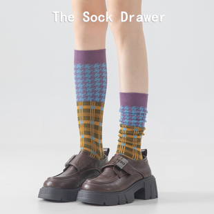 双针双路蓝色小腿袜女秋冬款 长筒袜子拼色复古文艺学院风高筒袜子
