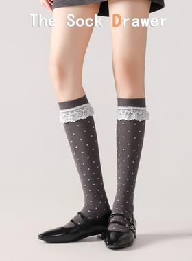微压显瘦小腿袜女士春秋款灰色波点及膝长袜蕾丝花边芭蕾风长筒袜