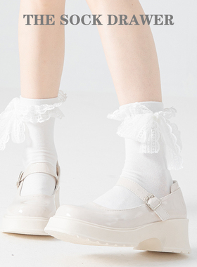 中筒袜女春夏蕾丝蝴蝶结袜子纯棉透气洛丽塔白袜子搭配白色小皮鞋