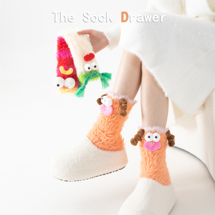 搞怪珊瑚绒袜子女秋冬加厚保暖卡通可爱表情袜居家睡眠地板中筒袜