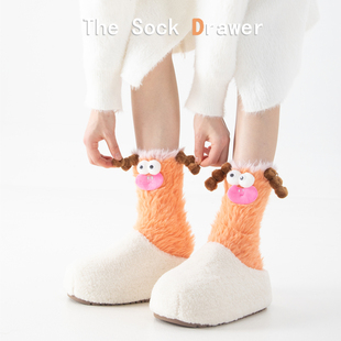 冬天袜子女秋冬加厚保暖橘色珊瑚绒中筒袜可爱卡通丑萌搞怪堆堆袜