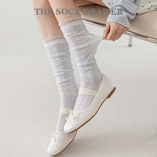 镂空爱心蕾丝边长筒袜 薄款 芭蕾风蓝色小腿袜法式 花边堆堆袜女夏季