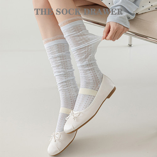 芭蕾风蓝色小腿袜法式花边堆堆袜女夏季薄款镂空爱心蕾丝边长筒袜