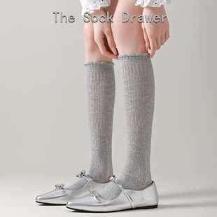 袜子女夏季 袜子 灰色花边泡泡口镂空网眼透气小腿袜配玛丽珍鞋