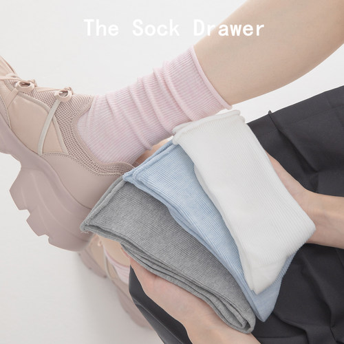 卷边竖纹粉色中筒袜女春秋新款miu系纯色长筒袜子纯棉无骨堆堆袜