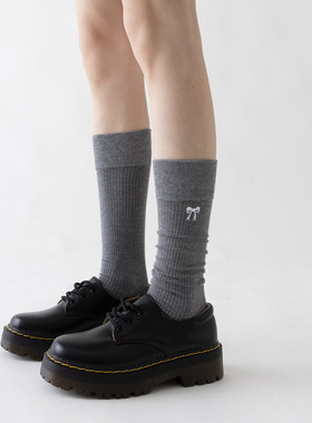 小腿袜蝴蝶结刺绣袜子深灰色miu系长袜女灰色显瘦袜子春秋季棉袜