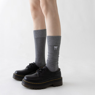 小腿袜蝴蝶结刺绣袜子深灰色miu系长袜女灰色显瘦袜子春秋季 棉袜