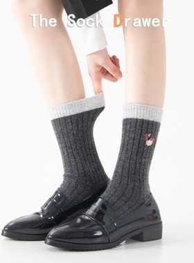 羊毛袜子女秋冬加厚保暖日系学院风堆堆袜深灰色刺绣小狗卡通袜子