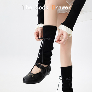 芭蕾风黑色袜套春夏季 y2k堆堆袜小腿袜腿套花边饰品蝴蝶结袜 薄款