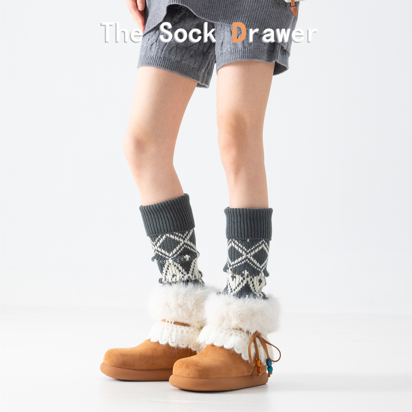费尔岛袜套女秋冬款针织菱形格翻边黑色小腿袜配雪地靴堆堆袜腿套
