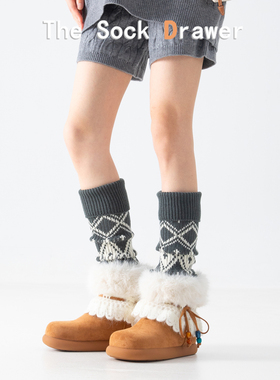费尔岛袜套女秋冬款针织菱形格翻边黑色小腿袜配雪地靴堆堆袜腿套