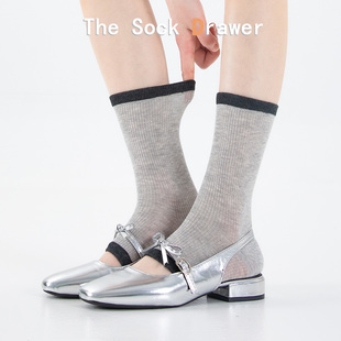 脚踩腿套简约复古风脚套配玛丽珍凉鞋 薄款 浅灰撞黑边中筒袜女夏季