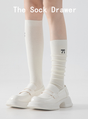 双针miu系芭蕾风刺绣蝴蝶结小腿袜女春秋新款长筒纯棉白色堆堆袜