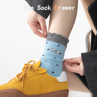 羊毛袜子女秋冬加厚花边泡泡口中筒袜蓝色波点卡通刺绣学生袜子