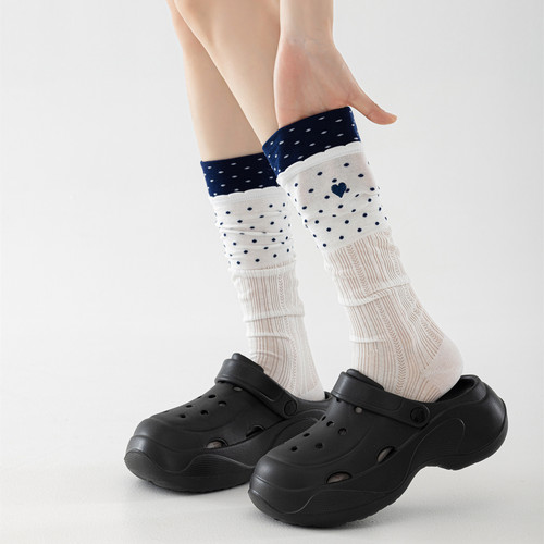 撞色波点堆堆袜女配洞洞鞋韩版ins潮爱心长袜网眼透气小腿袜夏季
