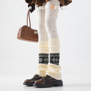 费尔岛针织羊毛袜套女秋冬白色堆堆腿套保暖麋鹿雪花搭配鲨鱼裤