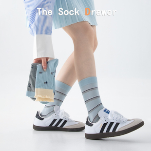 日系小清新薄款 撞色百搭纯棉无骨堆堆袜 条纹中筒袜女生蓝色韩版