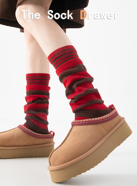 本命年红色条纹袜子女秋冬双层叠穿堆堆袜日系假两件中筒袜子外穿