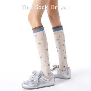 甜美风碎花压力小腿袜女蝴蝶结花边撞色双罗口堆堆袜日系长袜