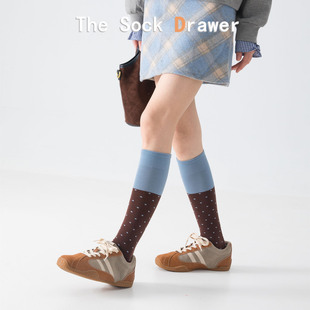 拼色小腿袜女秋咖色波点长筒袜子日系复古及膝显瘦芭蕾风高筒袜子