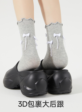 lolita洛丽塔袜子灰色荷叶边纯棉蝴蝶结中筒袜女配拖鞋穿的袜子