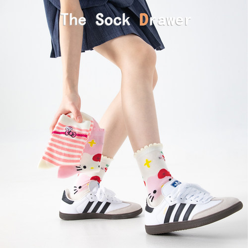 粉色系Hello Kitty花边中筒袜女生春夏季百搭可爱卡通刺绣堆堆袜