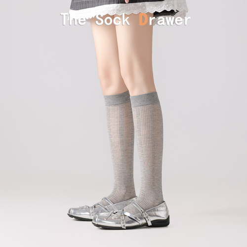 浅灰色及膝长筒堆堆袜女夏季薄款镂空网眼微透小腿袜日系学院风