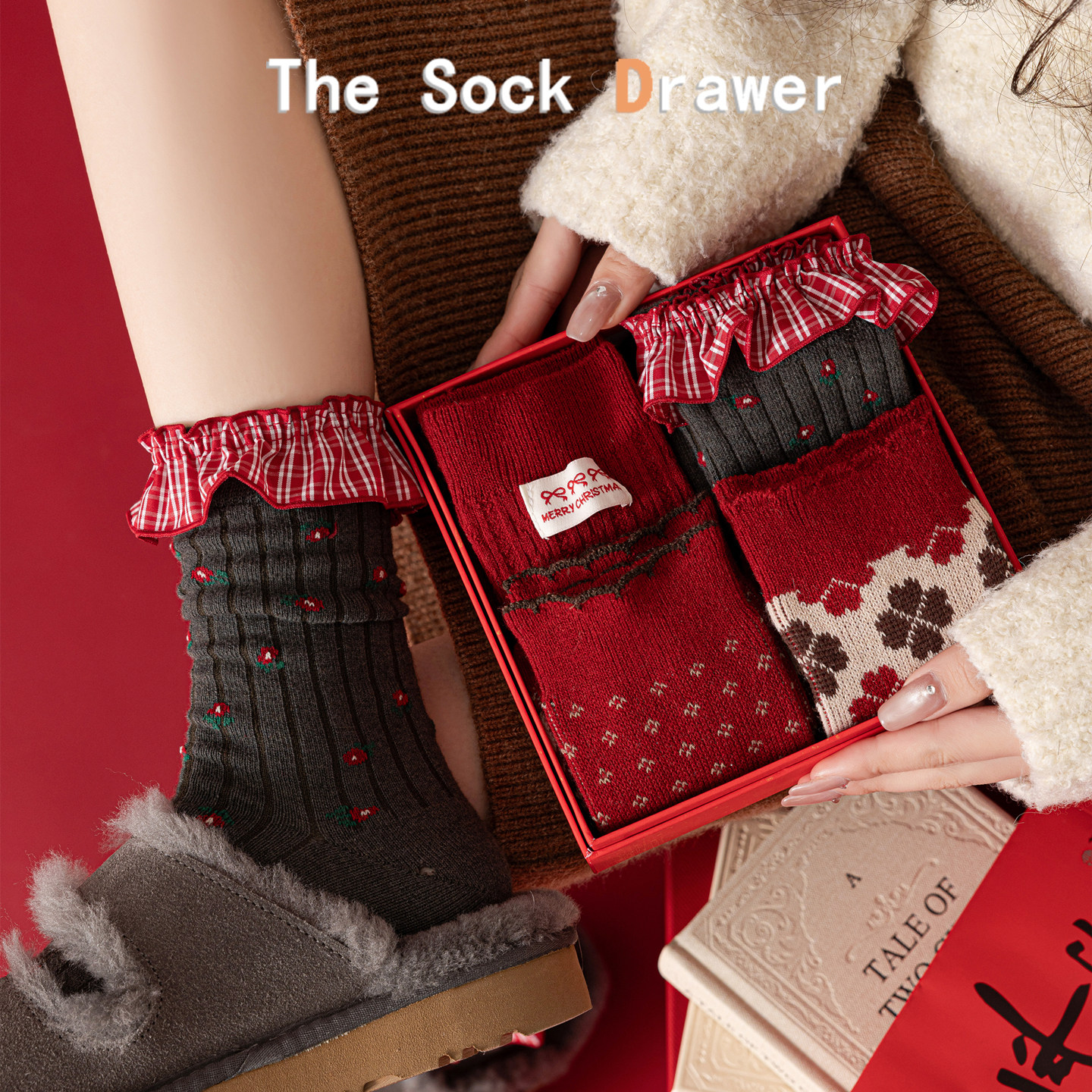 本命年羊毛红色袜子女秋冬中筒礼盒装马年双针双路点子纱长筒袜