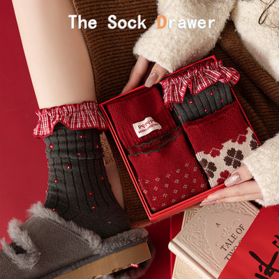 本命年羊毛红色袜子女秋冬中筒礼盒装马年双针双路点子纱长筒袜