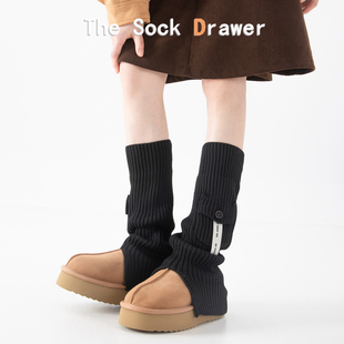 堆堆袜腿套配雪地靴韩版 布标开叉口袋袜套女秋冬y2k辣妹双针袜套