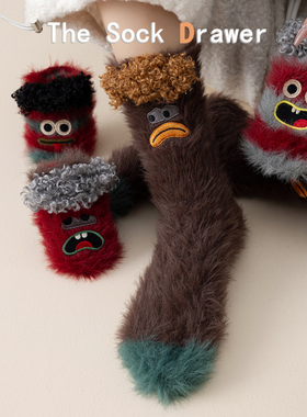 美拉德棕色仿貂毛中筒袜子女秋冬加厚保暖可爱卡通刺绣表情长袜