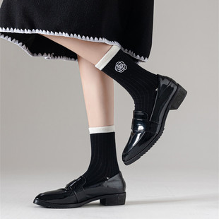 薄款 黑色袜子女中筒袜刺绣工艺夏季 显瘦小香风高级感袜 山茶花