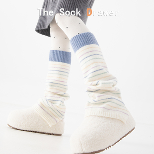 羊毛袜套秋冬加厚保暖彩色条纹y2k辣妹阔腿喇叭型羊绒小腿袜腿套