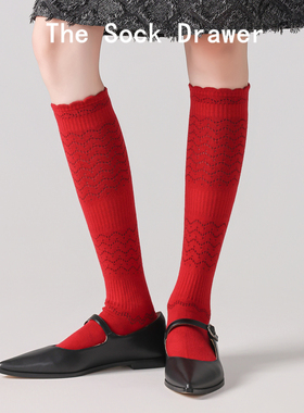 日系复古花边泡泡口长筒波浪小腿袜女秋冬美利奴羊毛红色高筒袜子