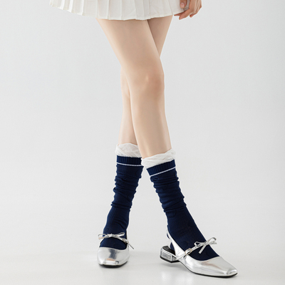 miu系花边泡泡口小腿袜女士夏季薄款藏蓝色堆堆袜撞色一杠长筒袜