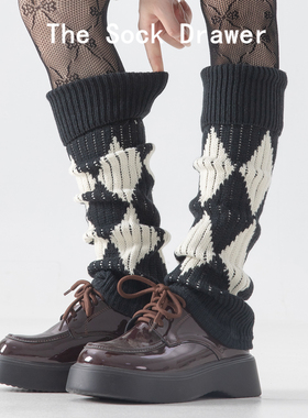 40CM秋冬保暖外穿黑色羊毛袜套女菱形格小腿堆堆袜腿套搭配乐福鞋