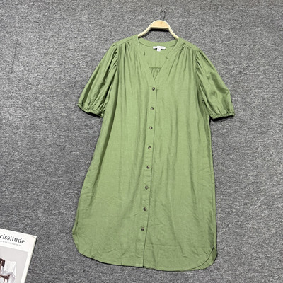 外贸女春夏麻类混纺松紧袖口单排扣宽松透气休闲中长款连衣裙