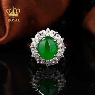 ROYAL珠宝缅甸A货蛋面翡翠戒指女帝王绿起荧光钻石18K金豪华镶嵌
