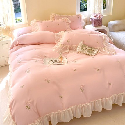 韩式四件套全棉公主风被套少女心蕾丝花边刺绣被罩床单纯色床上用