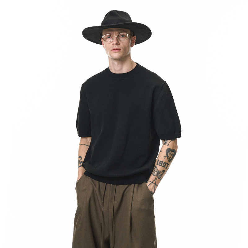 日系复古老钱毛织T恤25秋季新品潮牌宽松保暖针织短袖圆领毛衣男T