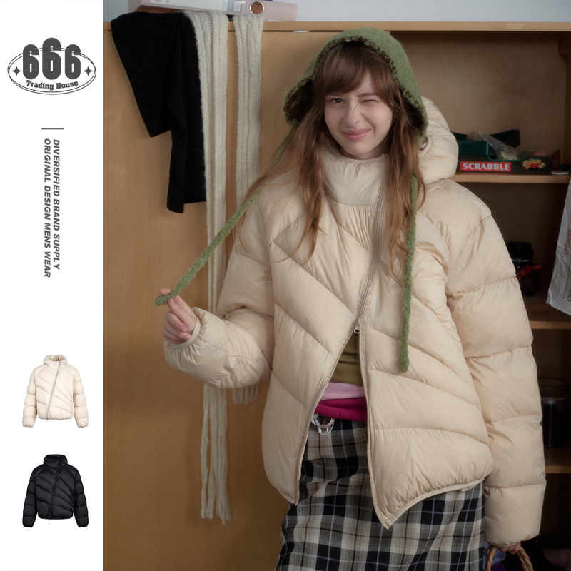 STAFFPICK 小众设计斜拉链连帽冬季外套男女款宽松90白鸭绒羽绒服