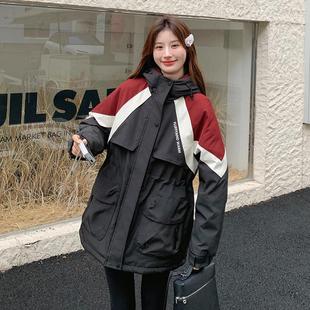 韩系撞色拼接撞色连帽中长款羽绒服女加厚工装风派克服冬季外套